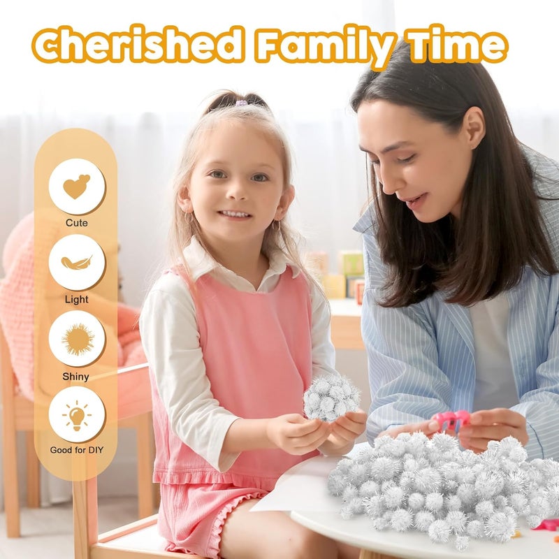 NACHLYNN 1000 Glitter Pom Poms Bulk 4 Sizes Assorted Soft Fluffy Pom Poms for Crafts DlY Decorations Activities with A Storage Bag (White) - Image 3
